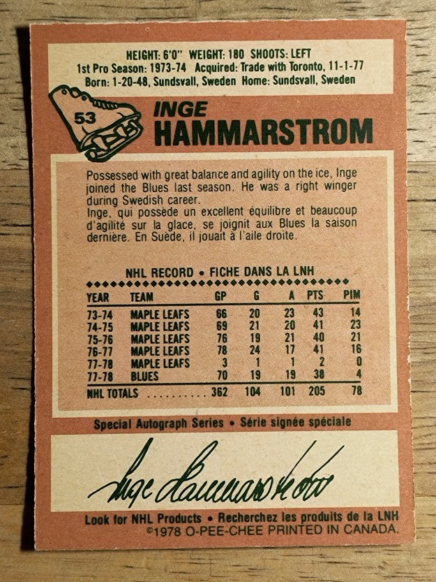 1978-79 O-Pee-Chee #53 Inge Hammarstrom (EXMT)