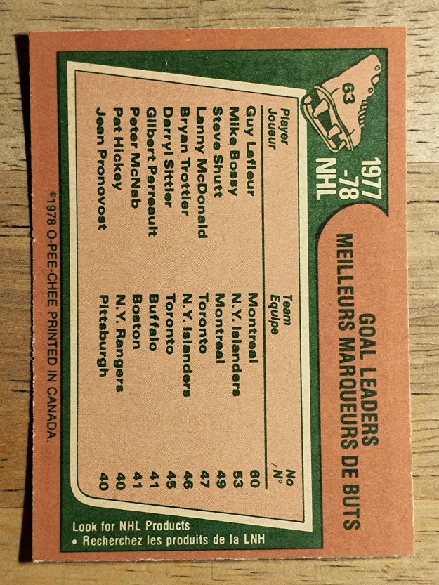 1978-79 O-Pee-Chee #63 Goal Leaders/Guy Lafleur/Mike Bossy/Steve Shutt (EXMT)