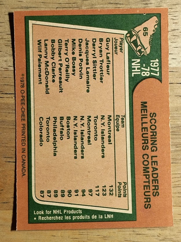 1978-79 O-Pee-Chee #65 Scoring LL/Guy Lafleur/Bryan Trottier/Darryl Sittler (NM)