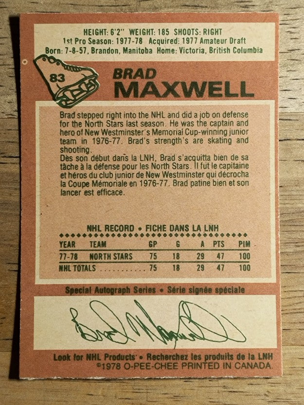 1978-79 O-Pee-Chee #83 Brad Maxwell RC (VGEX)