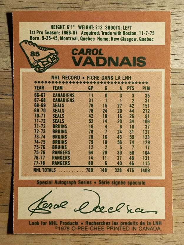 1978-79 O-Pee-Chee #85 Carol Vadnais (VGEX)