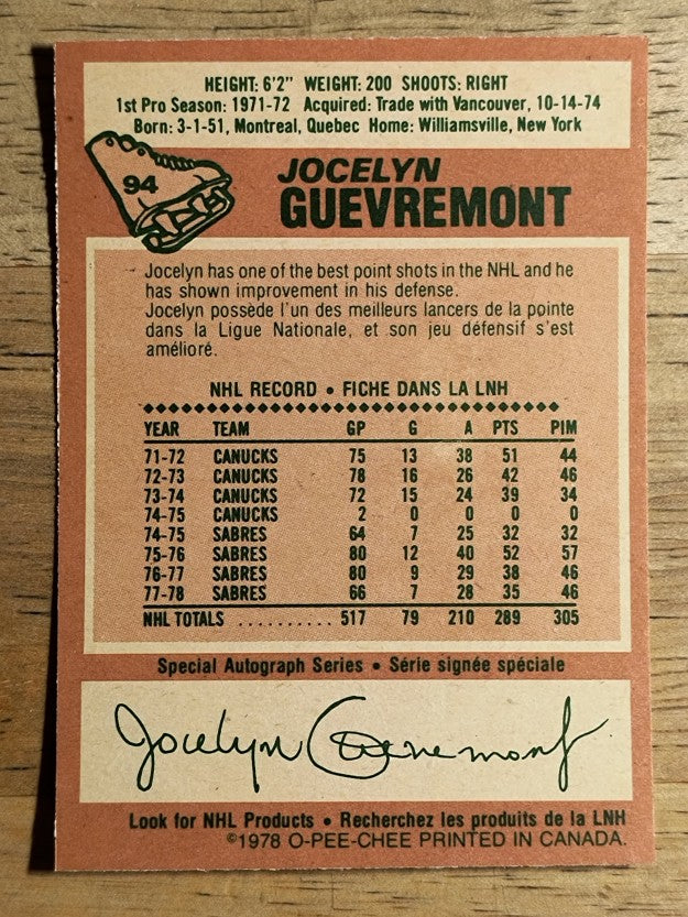 1978-79 O-Pee-Chee #94 Jocelyn Guevremont (NM)