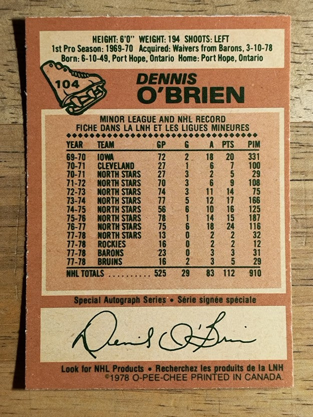 1978-79 O-Pee-Chee #104 Dennis O'Brien (EXMT)