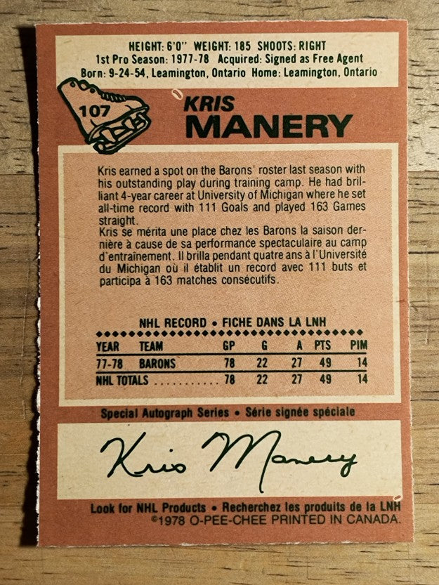 1978-79 O-Pee-Chee #107 Kris Manery RC (EXMT)