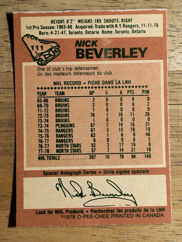 1978-79 O-Pee-Chee #111 Nick Beverley (VGEX)