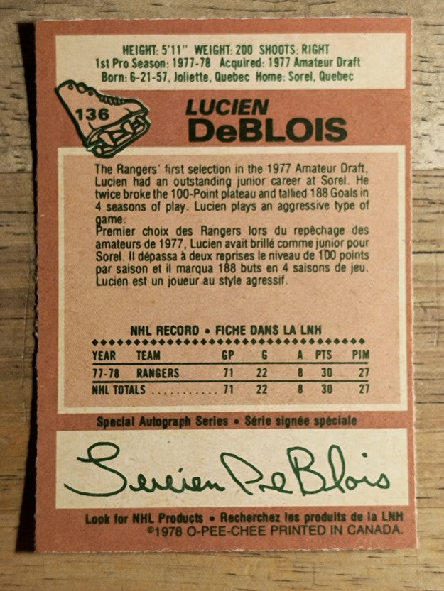 1978-79 O-Pee-Chee #136 Lucien DeBlois RC (VGEX)