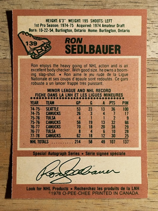 1978-79 O-Pee-Chee #139 Ron Sedlbauer (NM)