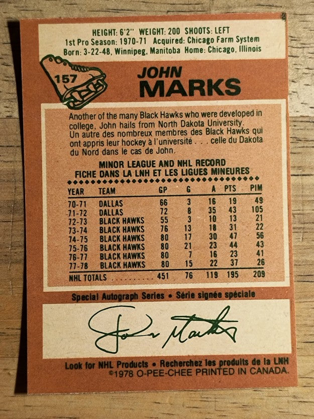1978-79 O-Pee-Chee #157 John Marks (EXMT)