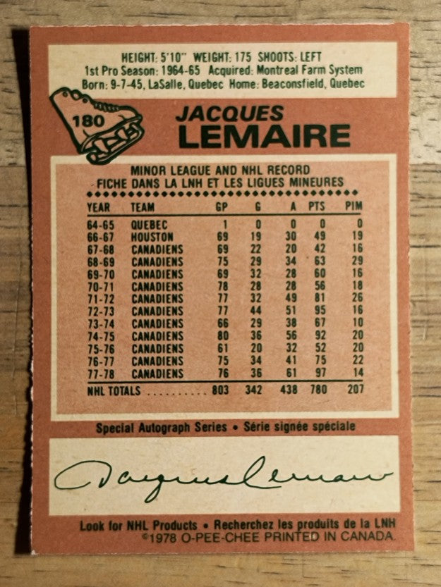 1978-79 O-Pee-Chee #180 Jacques Lemaire (NM)