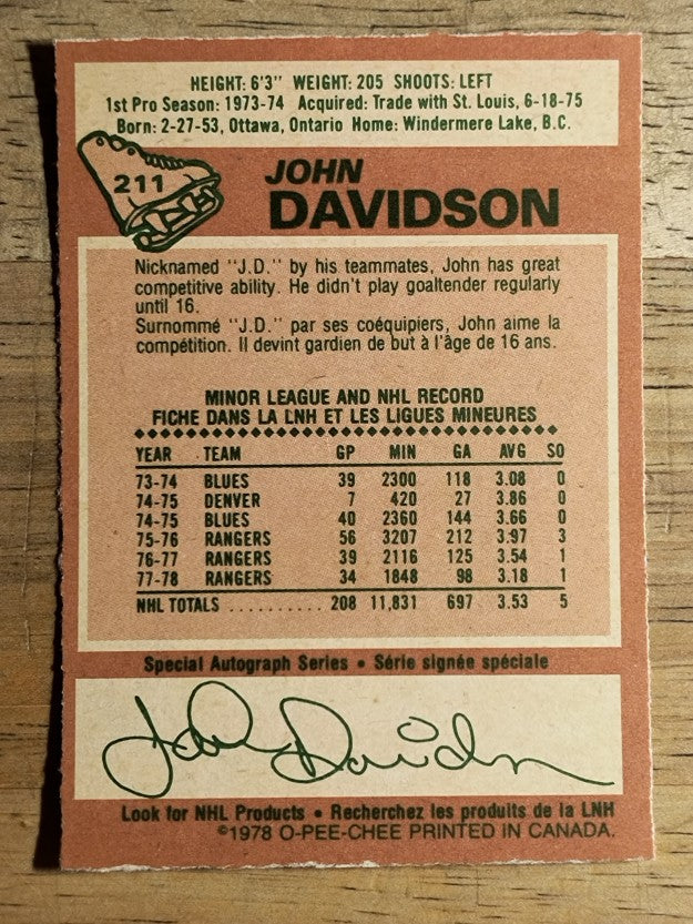 1978-79 O-Pee-Chee #211 John Davidson (EXMT)