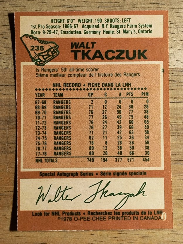1978-79 O-Pee-Chee #235 Walt Tkaczuk (EXMT)