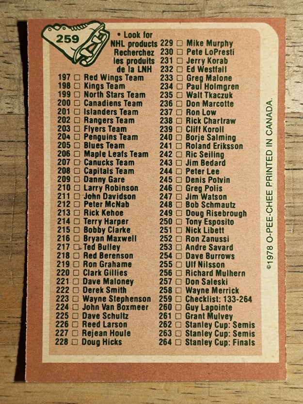 1978-79 O-Pee-Chee #259 Checklist 133-264 (EXMT)
