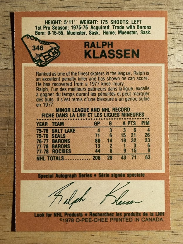 1978-79 O-Pee-Chee #346 Ralph Klassen (EXMT)