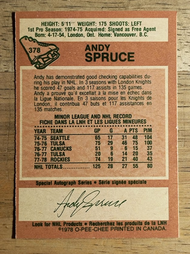 1978-79 O-Pee-Chee #378 Andy Spruce RC (EXMT)