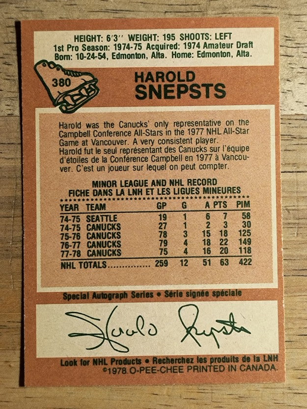 1978-79 O-Pee-Chee #380 Harold Snepsts (EXMT)