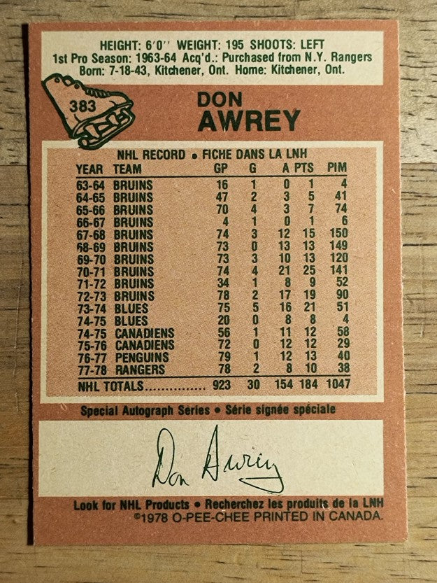 1978-79 O-Pee-Chee #383 Don Awrey (EXMT)