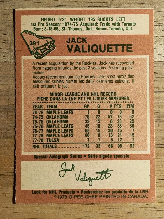 1978-79 O-Pee-Chee #391 Jack Valiquette (NM)