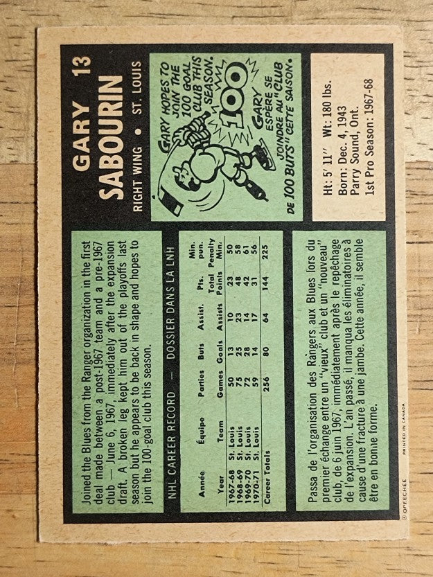 1971-72 O-Pee-Chee #13 Gary Sabourin (EXMT)