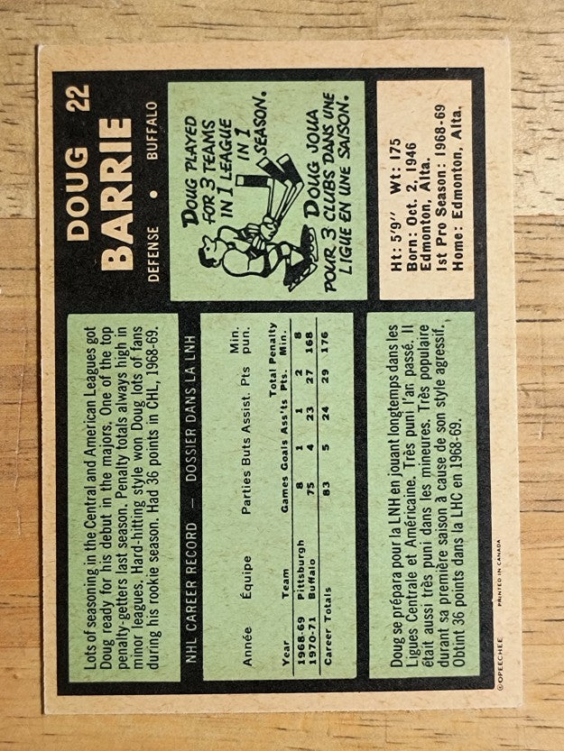 1971-72 O-Pee-Chee #22 Doug Barrie RC (EXMT)