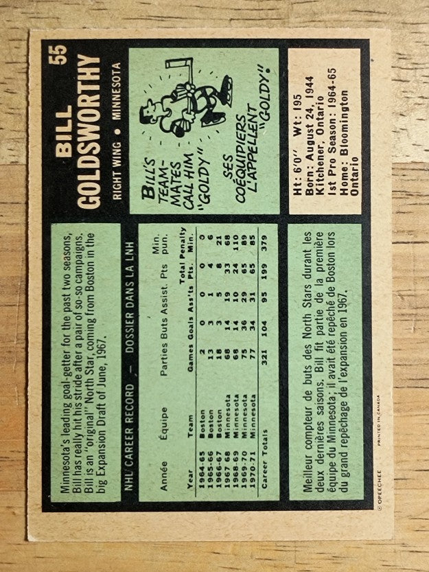1971-72 O-Pee-Chee #55 Bill Goldsworthy (EXMT)