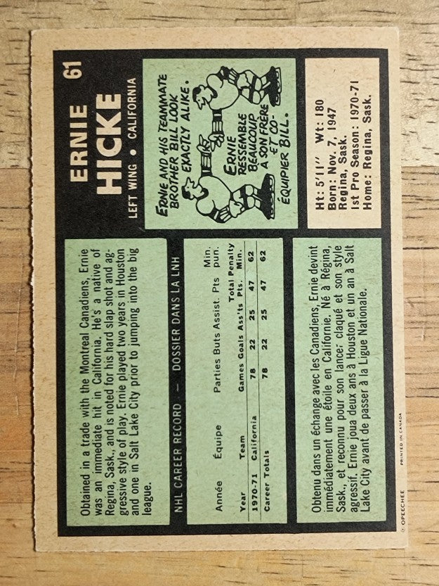 1971-72 O-Pee-Chee #61 Ernie Hicke RC (EXMT)