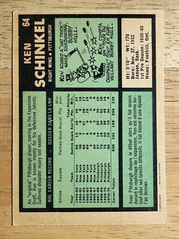 1971-72 O-Pee-Chee #64 Ken Schinkel (EX)