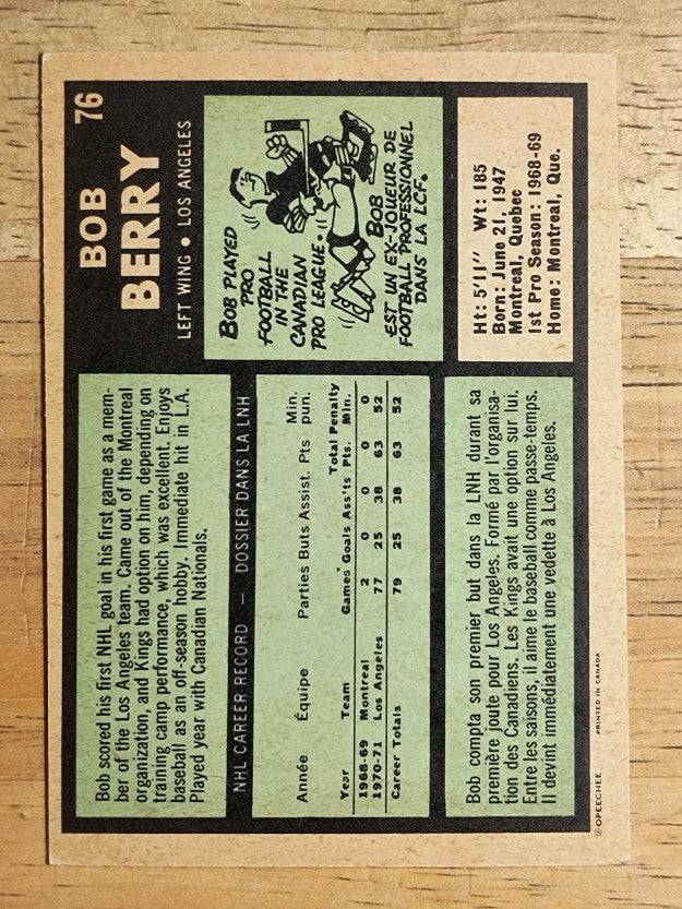 1971-72 O-Pee-Chee #76 Bob Berry RC (EXMT)
