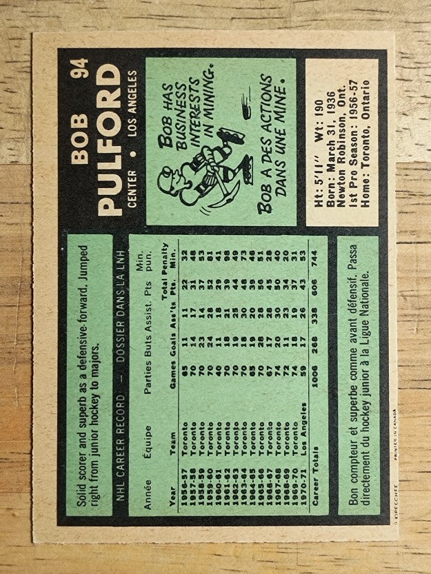 1971-72 O-Pee-Chee #94 Bob Pulford (EXMT)