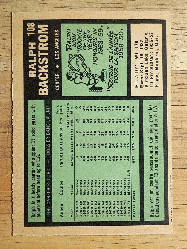 1971-72 O-Pee-Chee #108 Ralph Backstrom (EXMT)