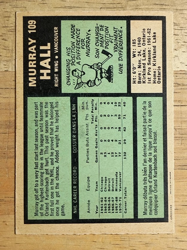 1971-72 O-Pee-Chee #109 Murray Hall (VGEX)