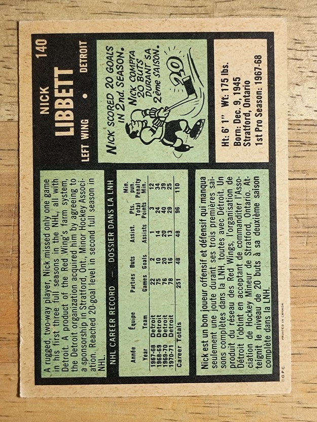 1971-72 O-Pee-Chee #140 Nick Libett (EXMT)