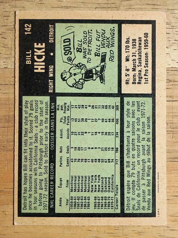 1971-72 O-Pee-Chee #142 Bill Hicke (VGEX)