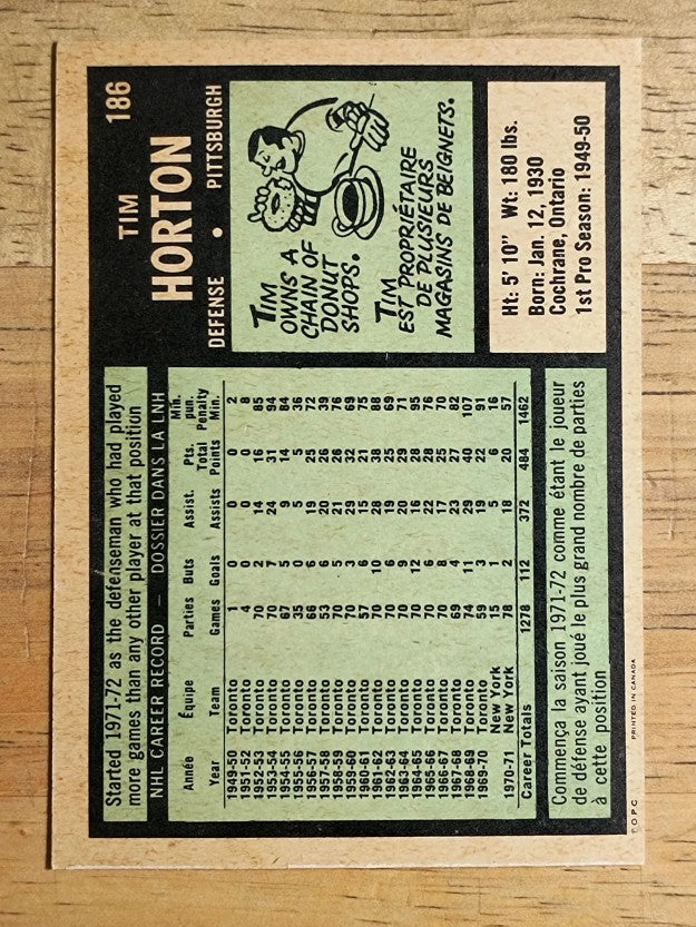 1971-72 O-Pee-Chee #186 Tim Horton (NM)