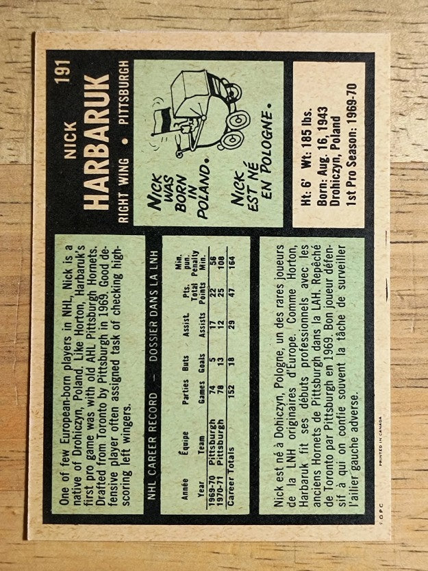 1971-72 O-Pee-Chee #191 Nick Harbaruk RC (EX)