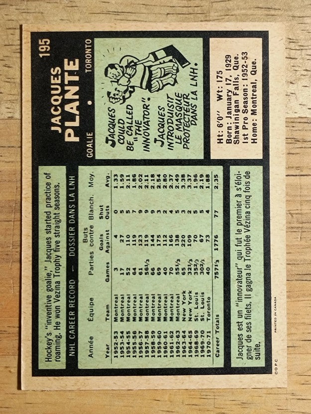 1971-72 O-Pee-Chee #195 Jacques Plante (EXMT)