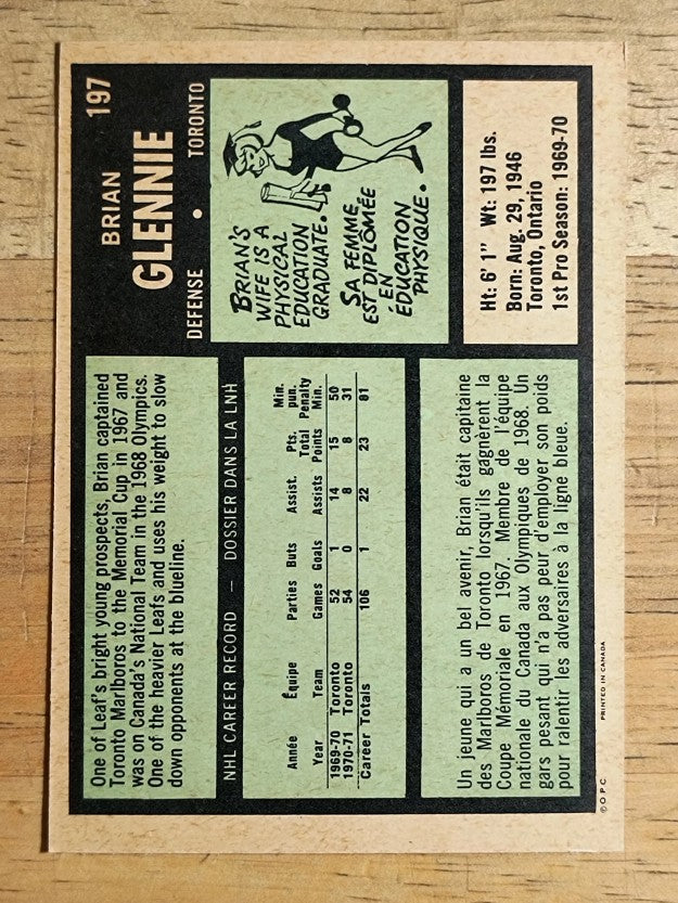 1971-72 O-Pee-Chee #197 Brian Glennie (EXMT)