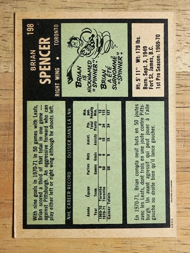 1971-72 O-Pee-Chee #198 Brian Spencer RC (EX)