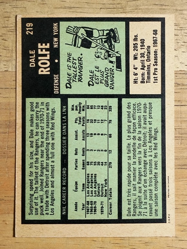 1971-72 O-Pee-Chee #219 Dale Rolfe (NM)
