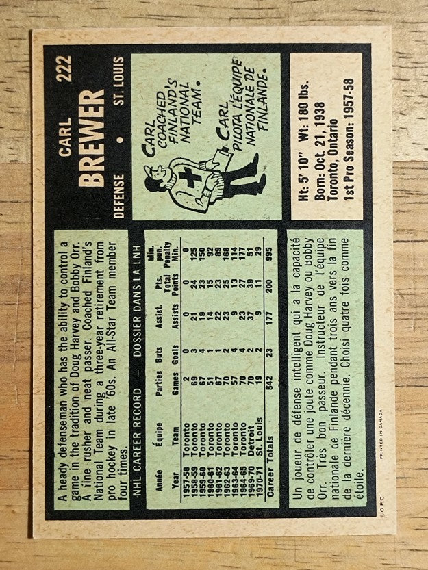 1971-72 O-Pee-Chee #222 Carl Brewer (NM)