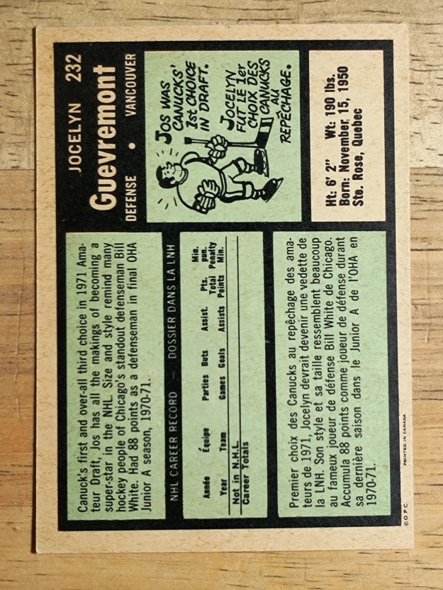 1971-72 O-Pee-Chee #232 Jocelyn Guevremont RC (NM)