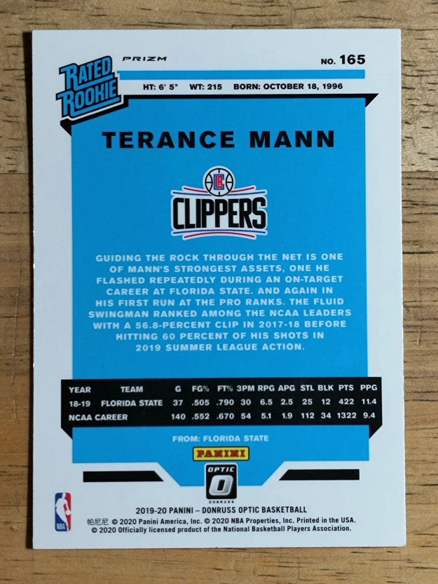 2019-20 Donruss Optic Fanatics Box Set #165 Terance Mann RR