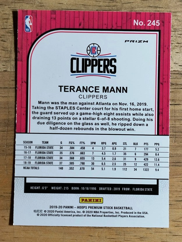 2019-20 Hoops Premium Stock Prizms Silver Laser #245 Terance Mann