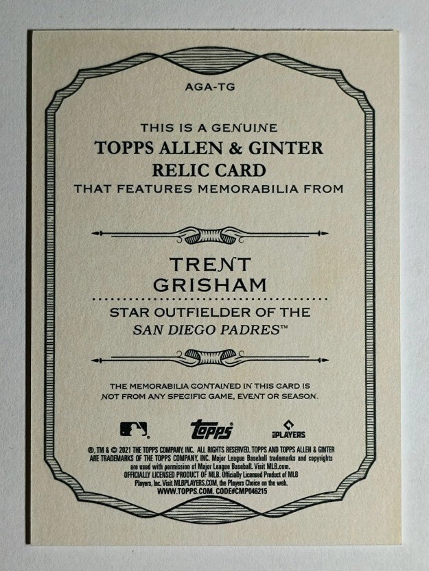 2021 Topps Allen and Ginter Relics #AGATG Trent Grisham