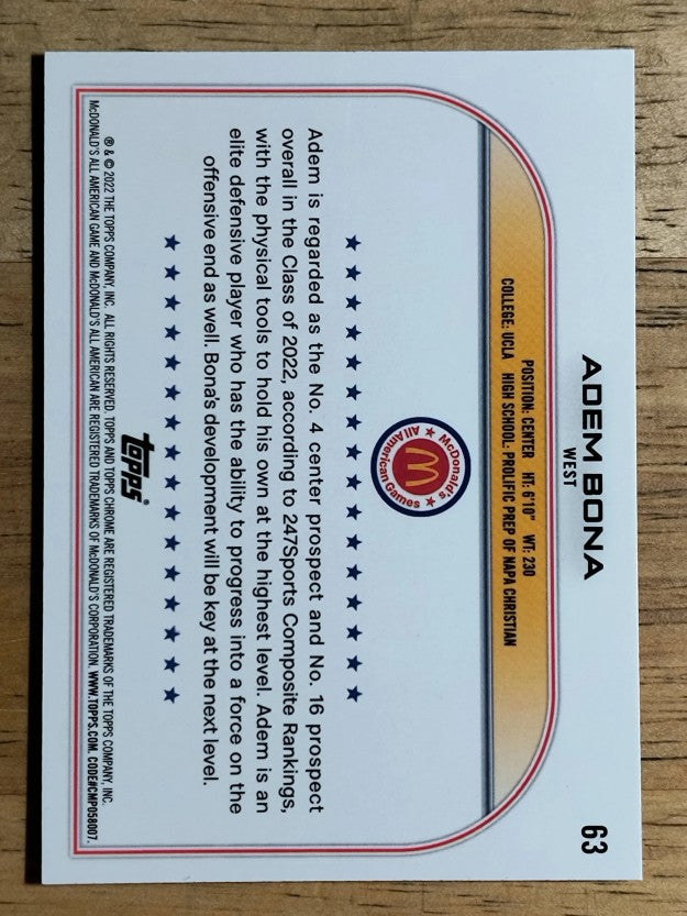 2022 Topps Chrome McDonald's All American RayWave Refractors #63 Adem Bona