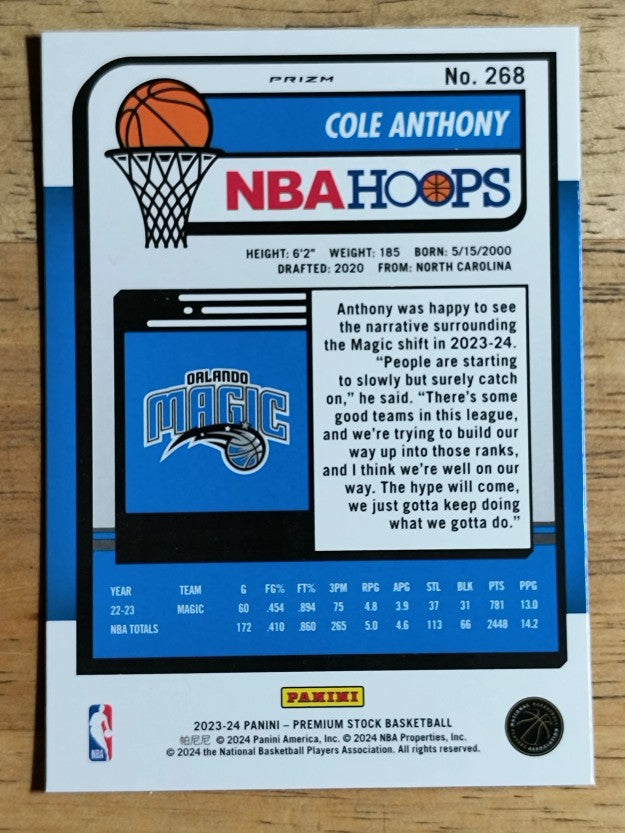 2023-24 Hoops Premium Stock Ice Prizm #268 Cole Anthony