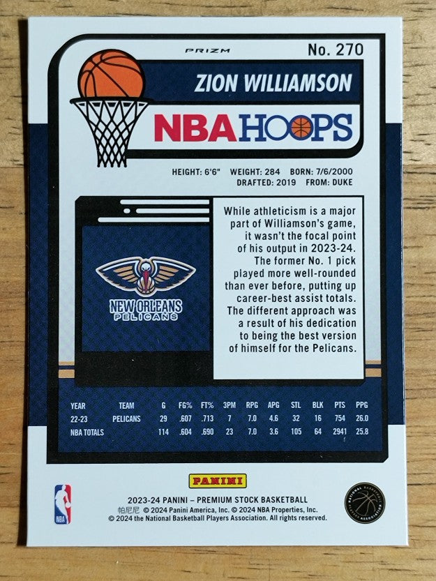 2023-24 Hoops Premium Stock Silver Prizm #270 Zion Williamson