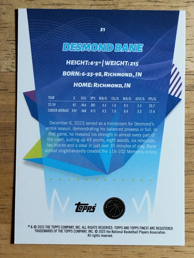2024-25 Finest Sky Blue Refractors #51 Desmond Bane C