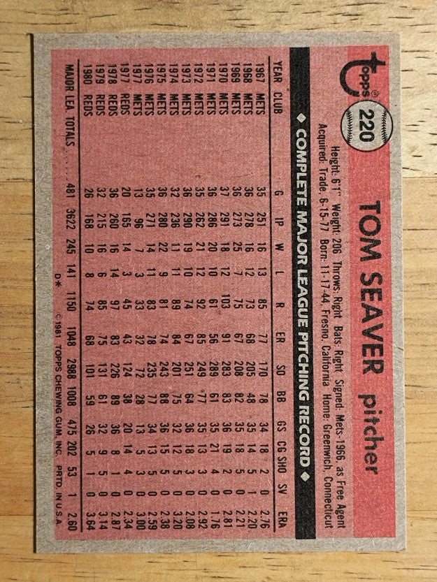 1981 Topps #220 Tom Seaver
