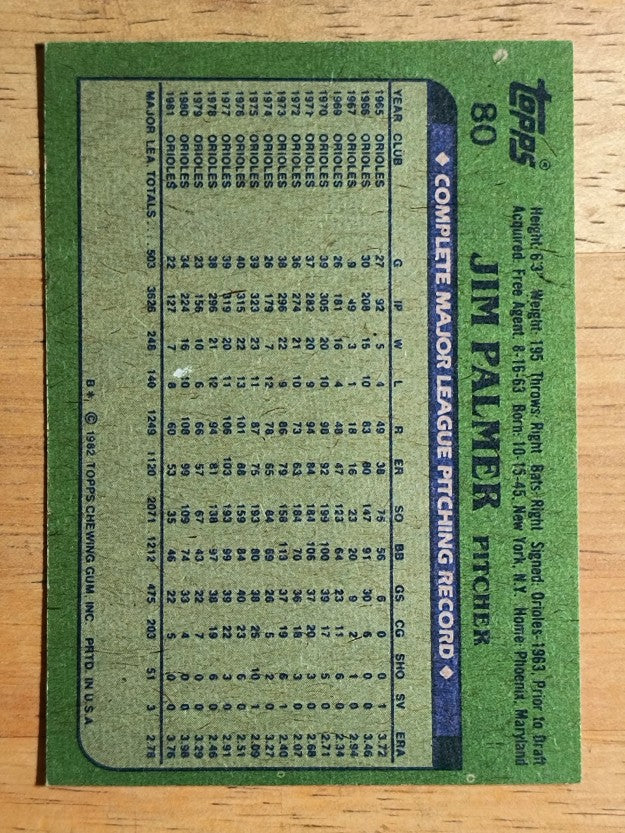 1982 Topps #80 Jim Palmer