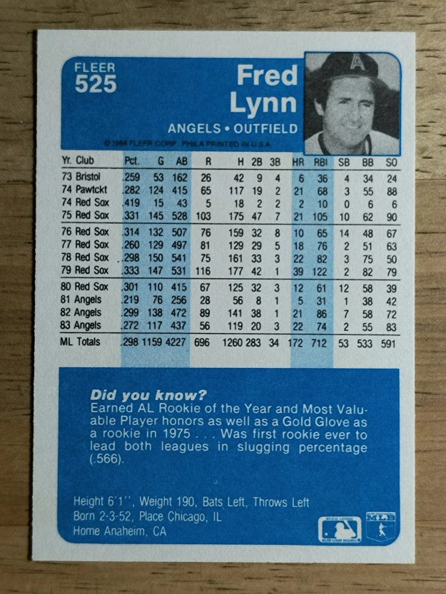 1984 Fleer #525 Fred Lynn